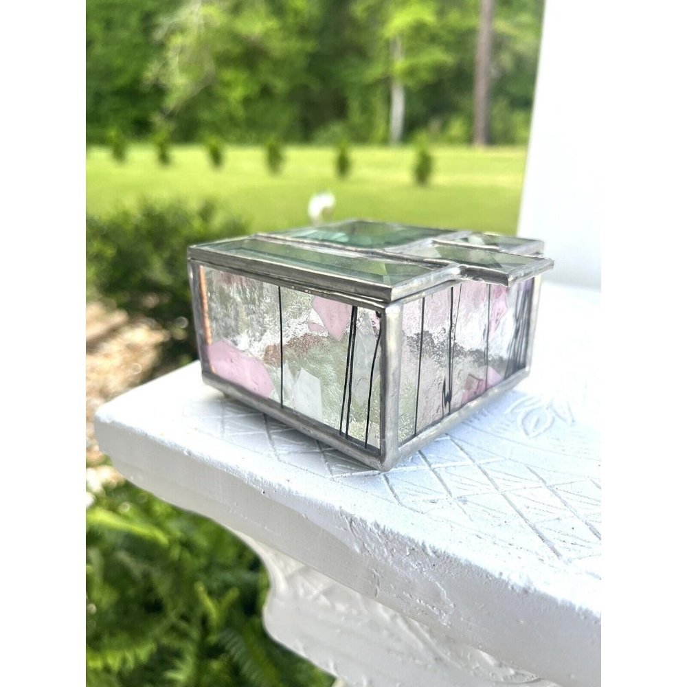 1980s STAINED GLASS MIRROR JEWELRY TRINKET Beveled CUBIST ABSTRACT HINGED BOX